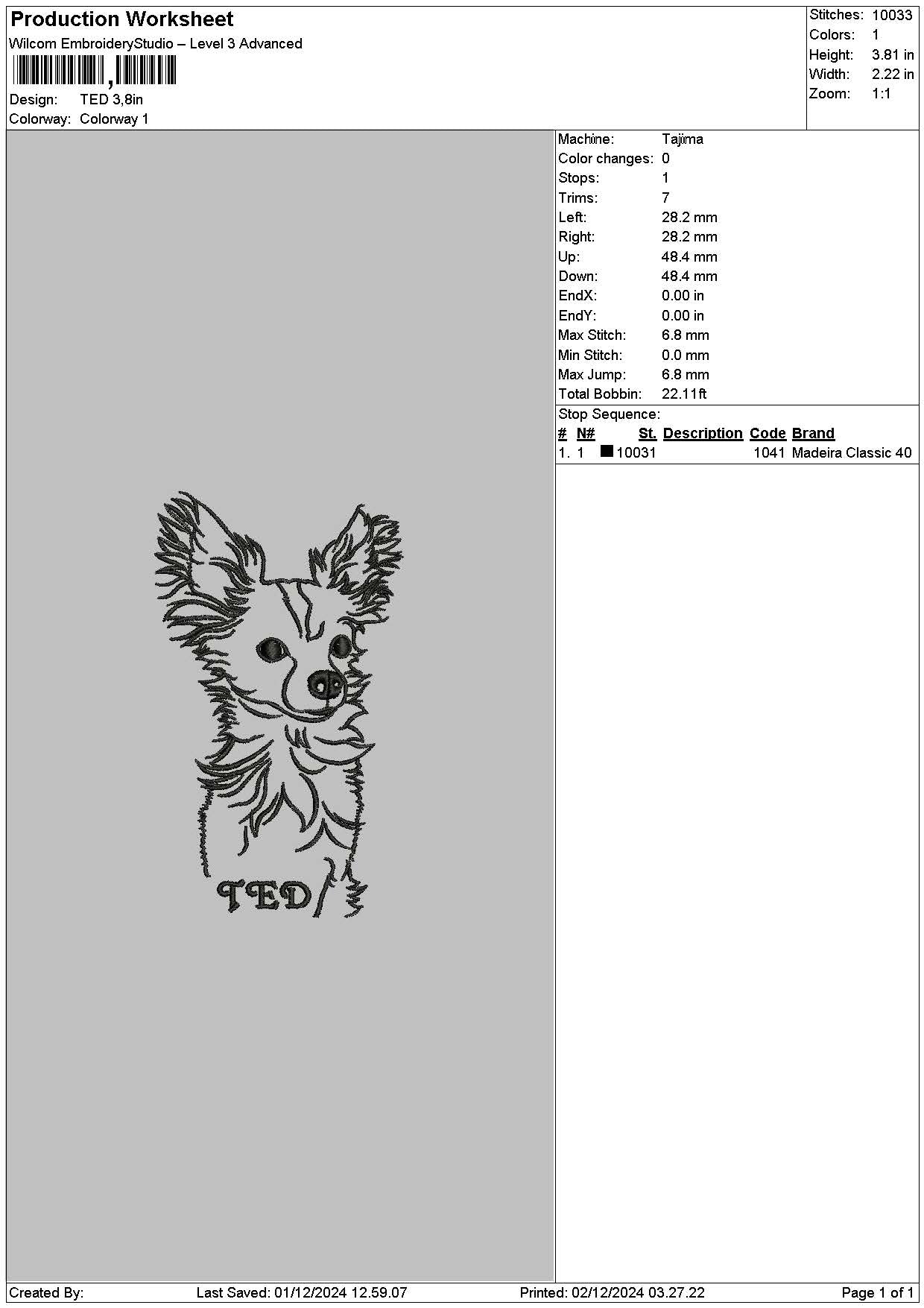 Dog Ted Outline Embroidery File 6 sizes