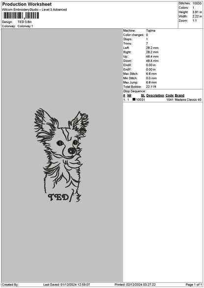 Dog Ted Outline Embroidery File 6 sizes