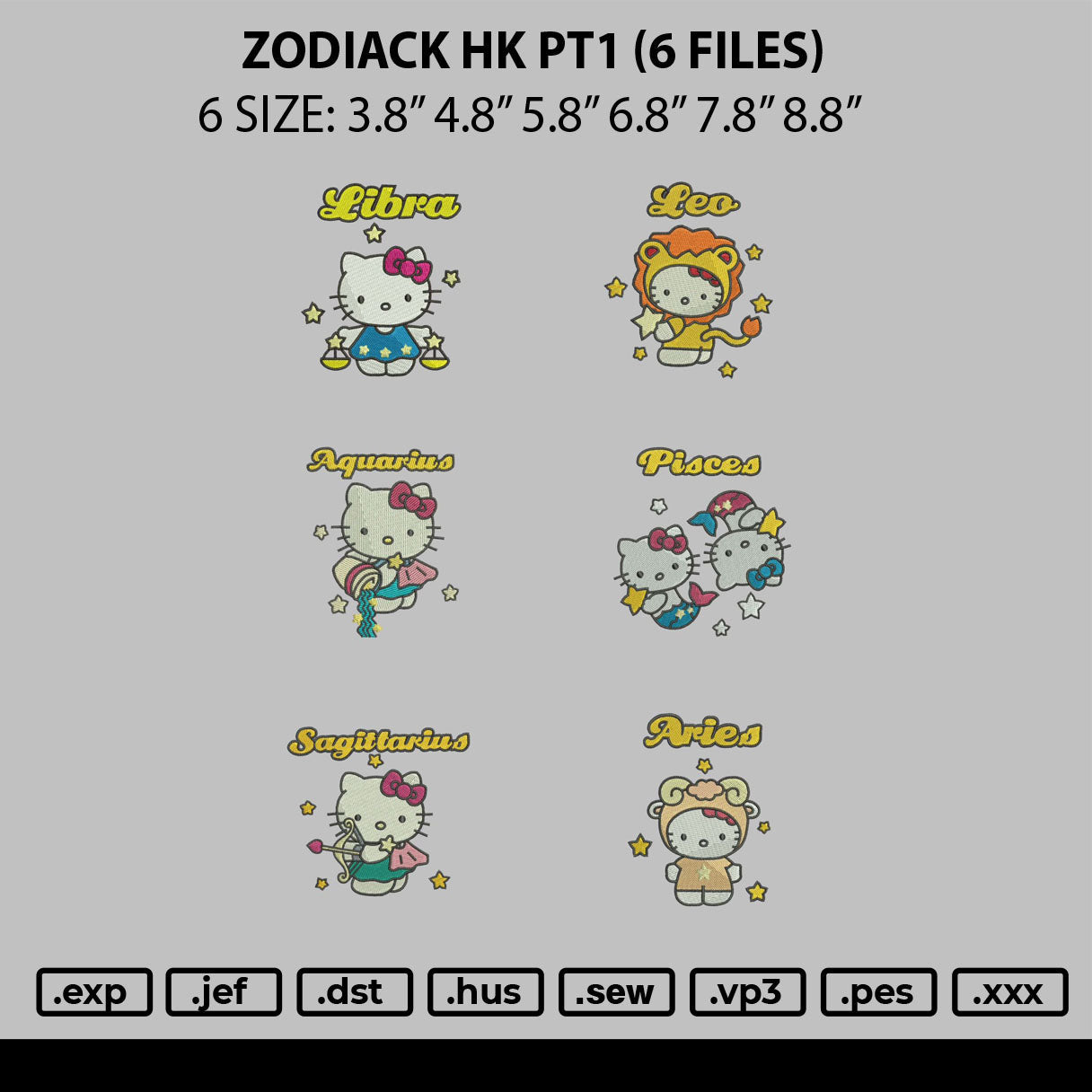 Zodiac Hello Kitty Pt1 Embroidery 6 Files