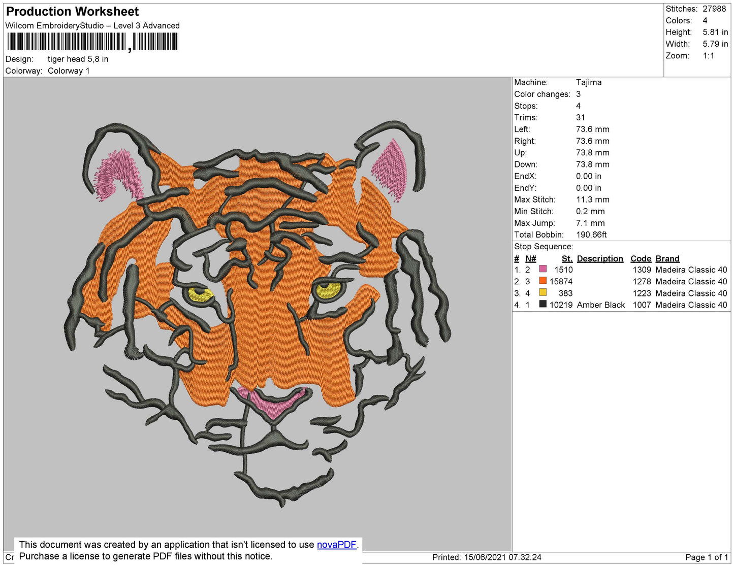 Tiger Head Embroidery File 4 size