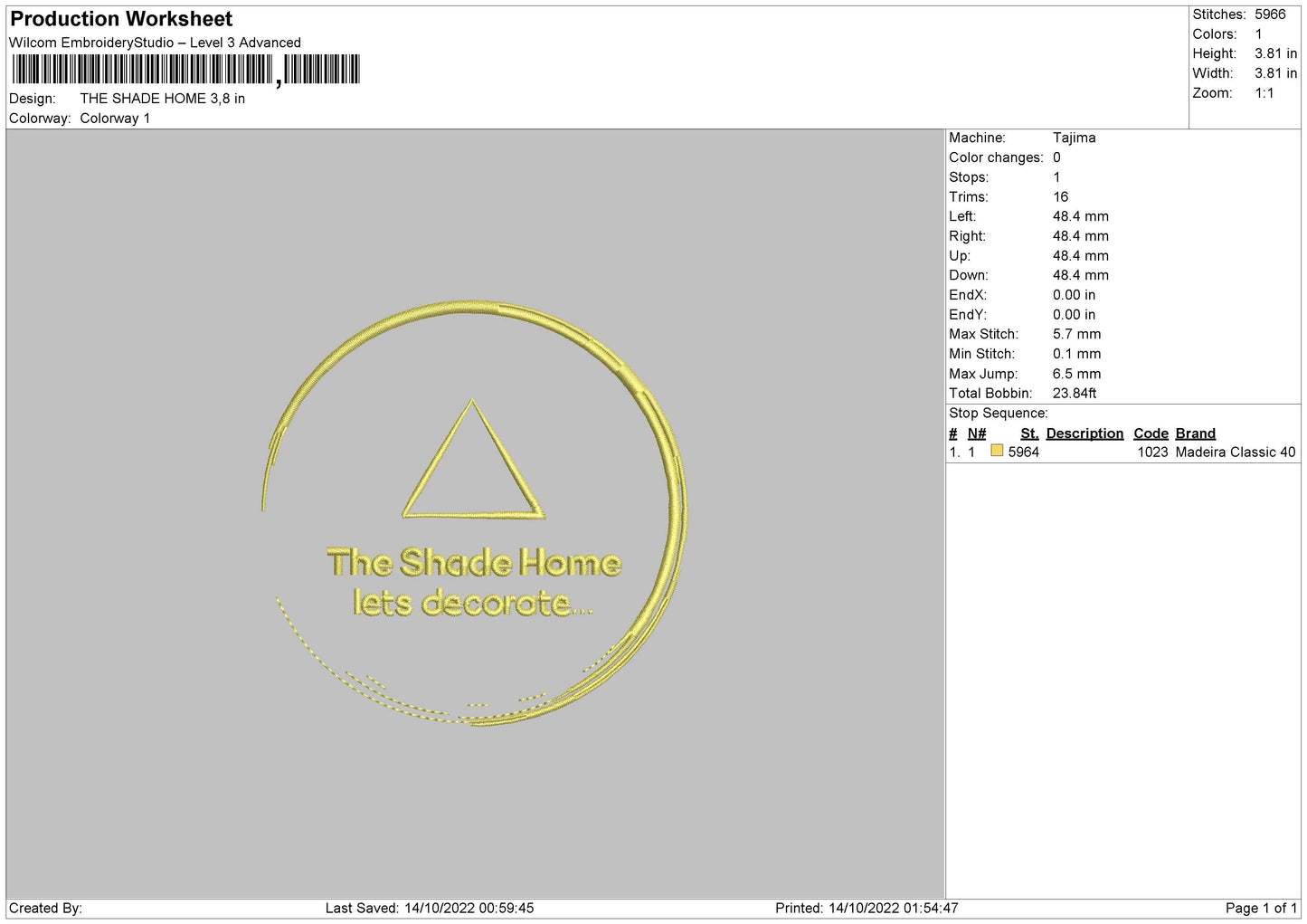 The Shade Home Embroidery File 5 sizes