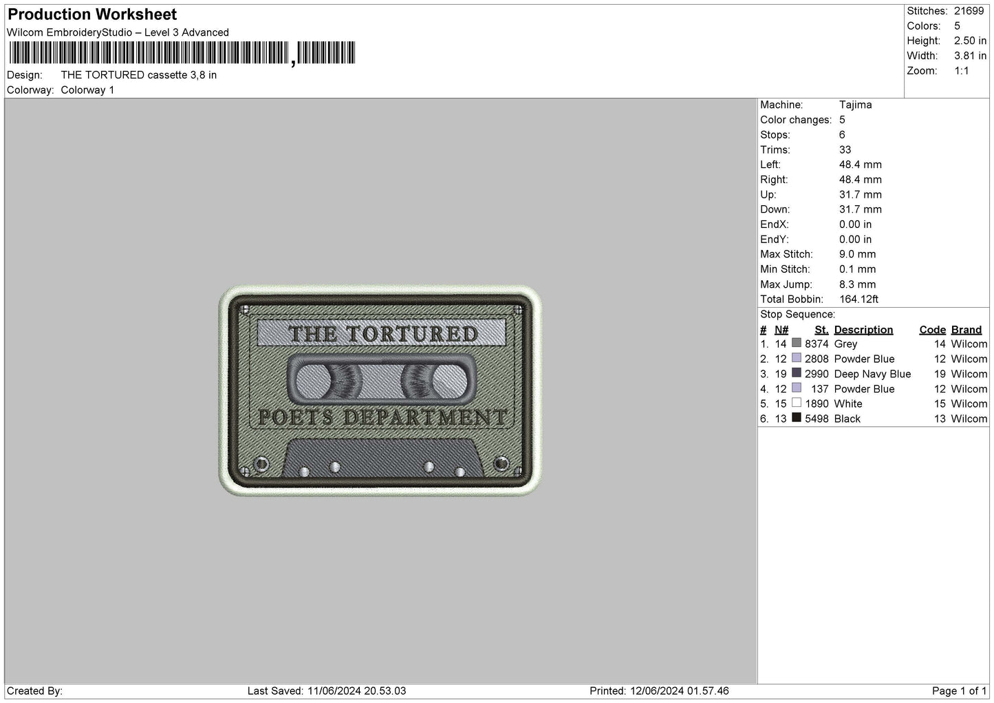 Cassette1206 Embroidery File 6 sizes