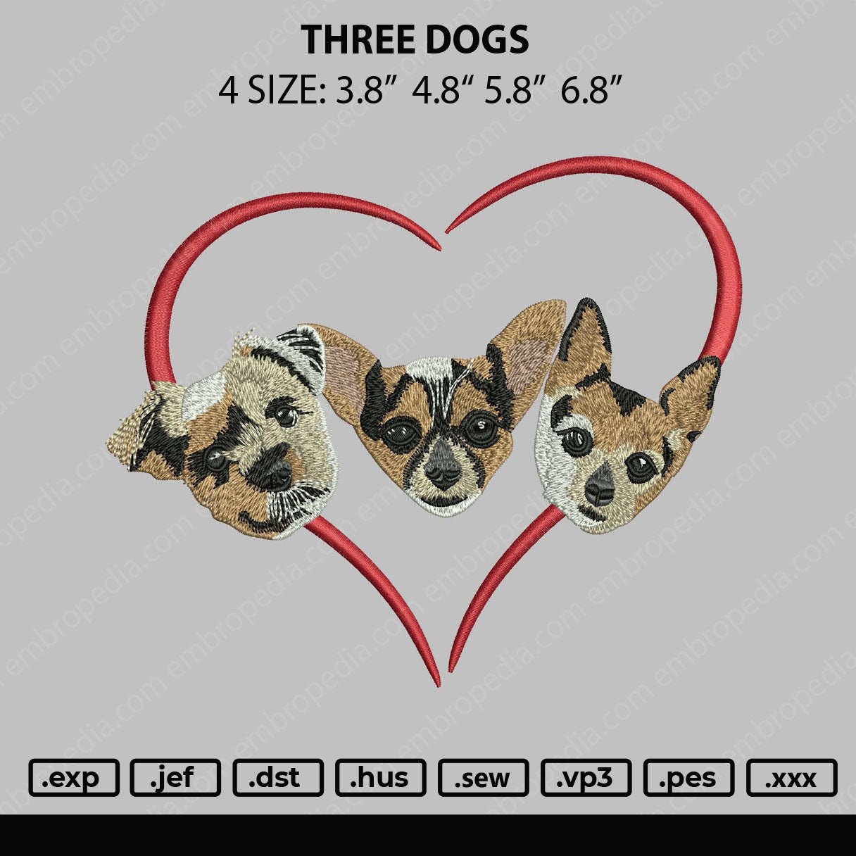 Three Dogs Embroidery File 4 size