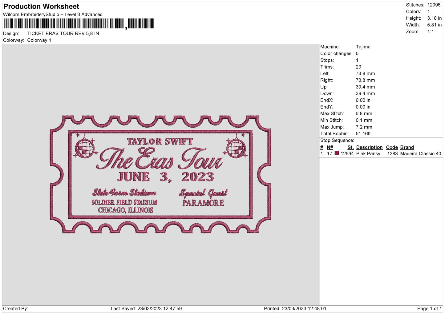 A Ticket Embroidery File 6 sizes