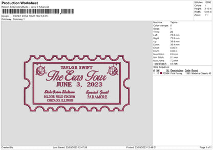 A Ticket Embroidery File 6 sizes