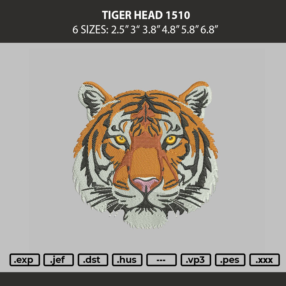 Tiger Head 1510 Embroidery Machine Design File 6 sizes