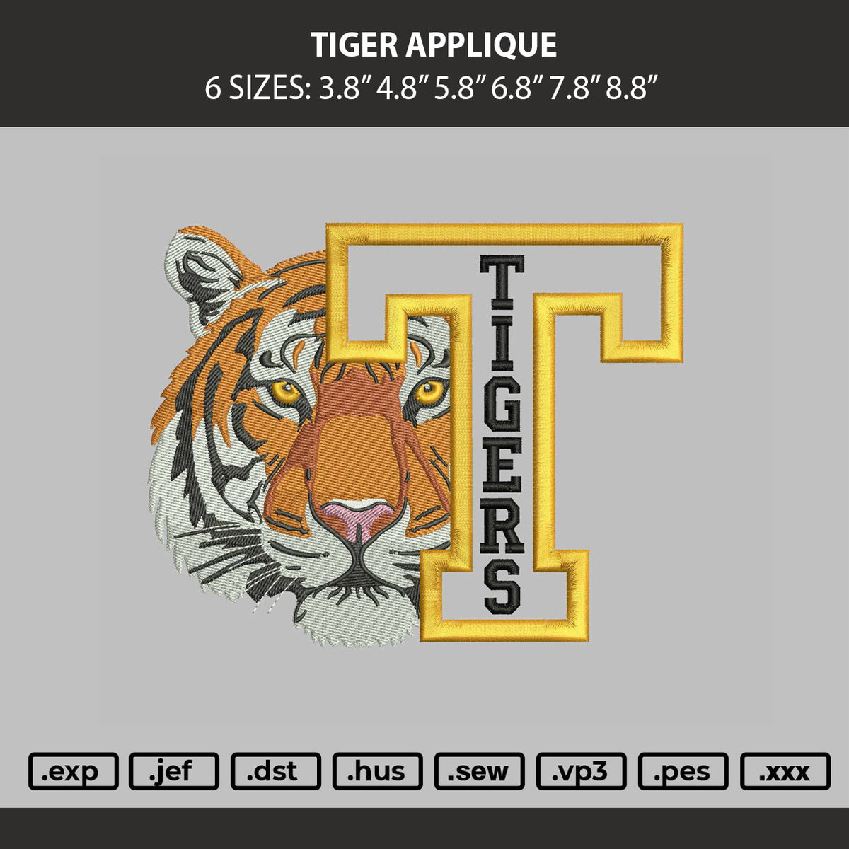 Tiger Applique Embroidery Machine Design File 6 sizes