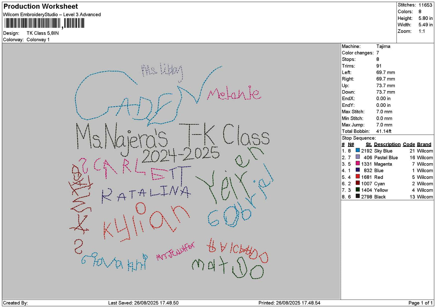 Tkclass Text Embroidery File 6 sizes