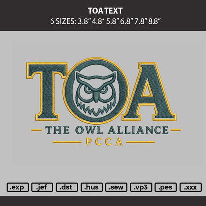 Toa Text Embroidery Machine Design File 6 sizes