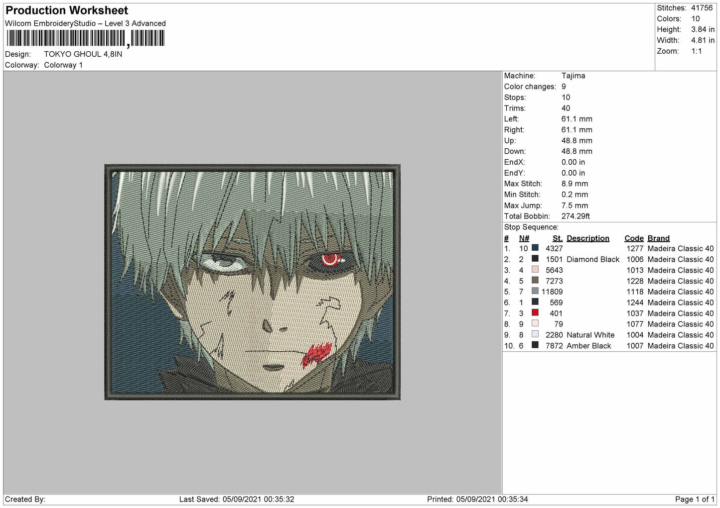 Tokyo Ghoul Embroidery File 4 Size