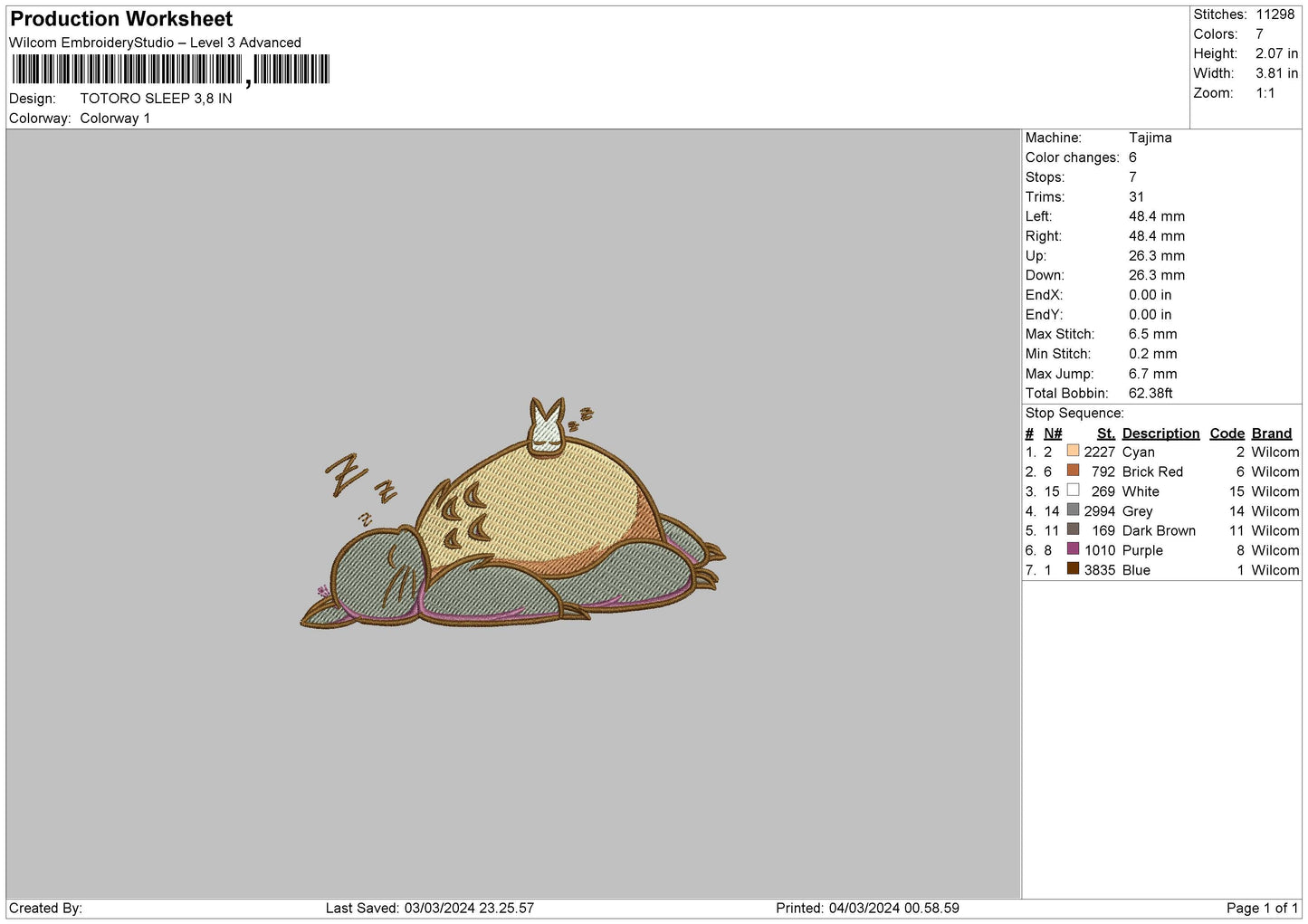 Totorosleep 01 Embroidery File 6 sizes