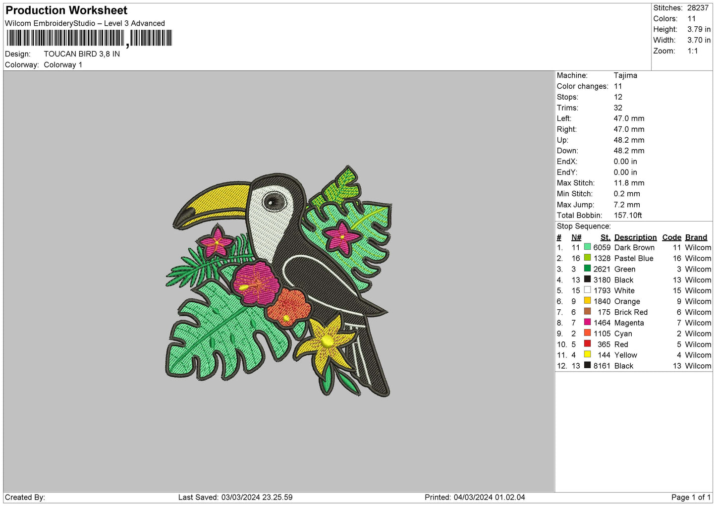 Touchan Bird 0402 Embroidery Design File 6 sizes