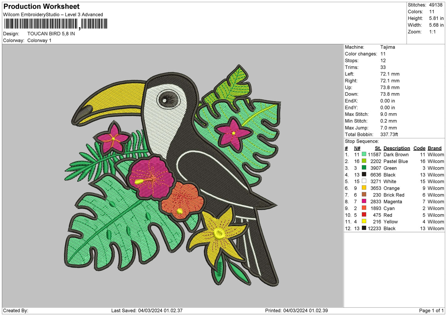 Touchan Bird 0402 Embroidery Design File 6 sizes