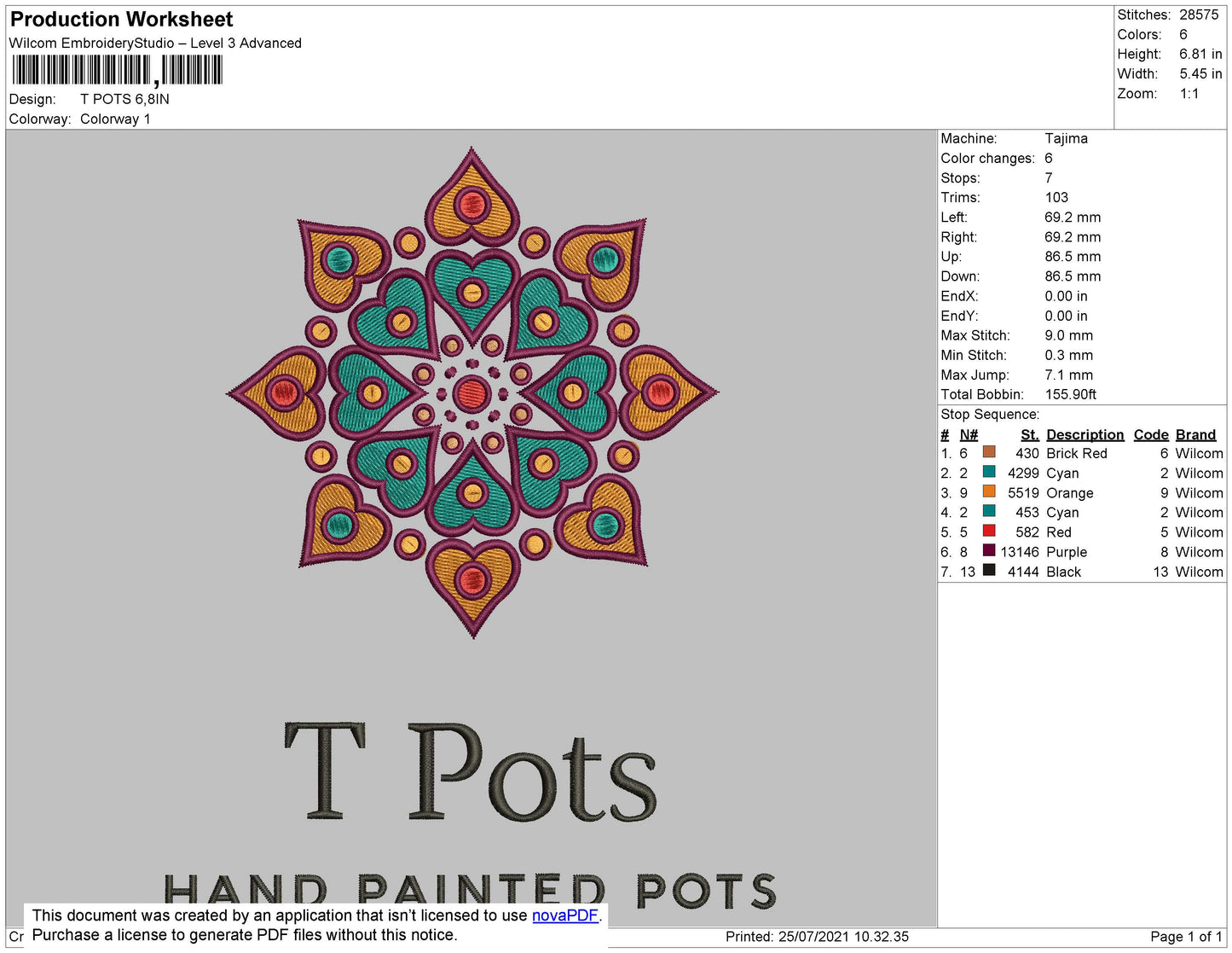 T Pots Embroidery File 4 size