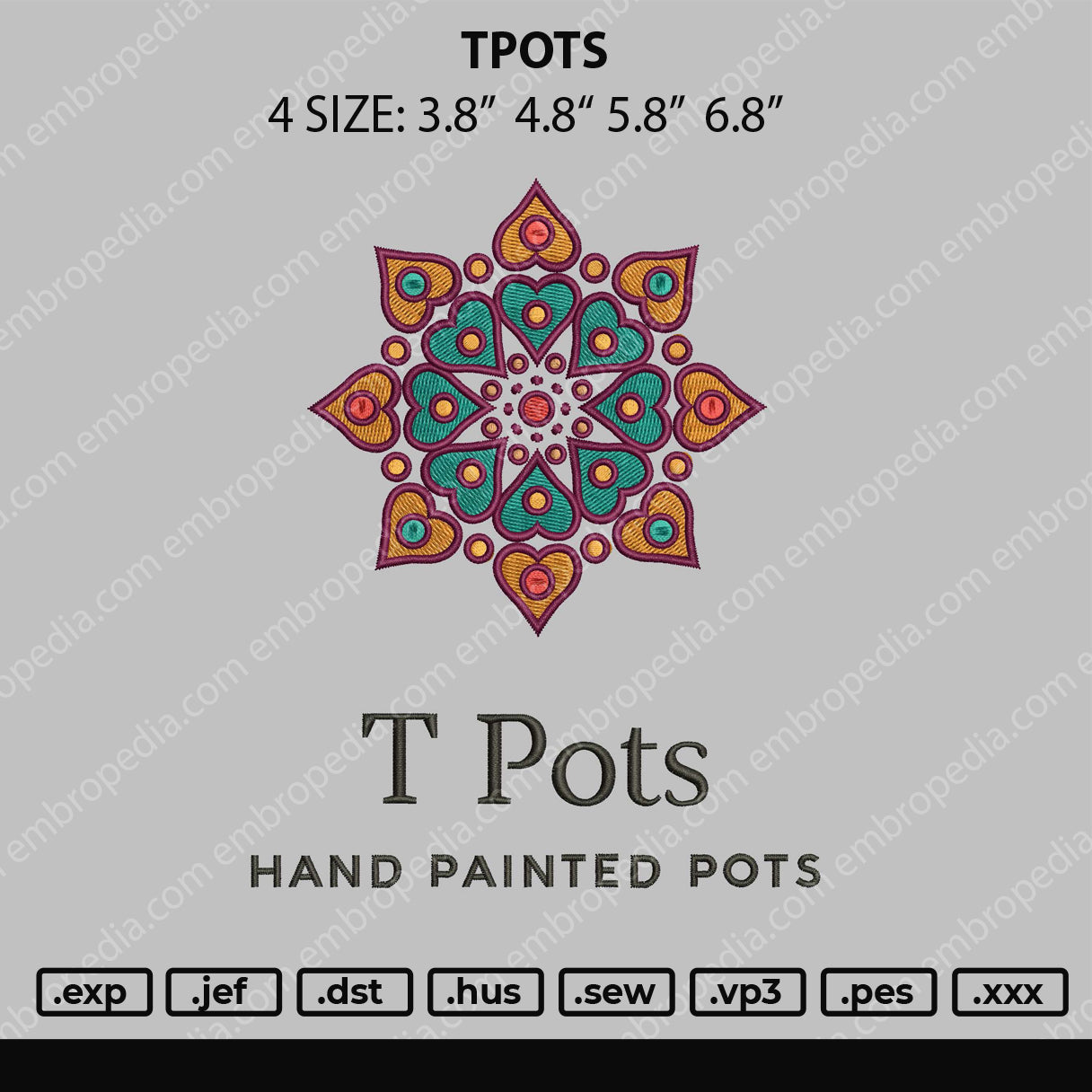 T Pots Embroidery File 4 size