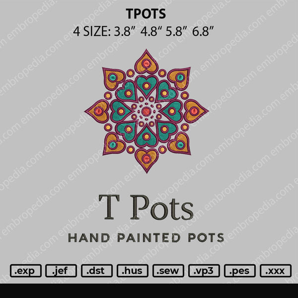 T Pots Embroidery File 4 size