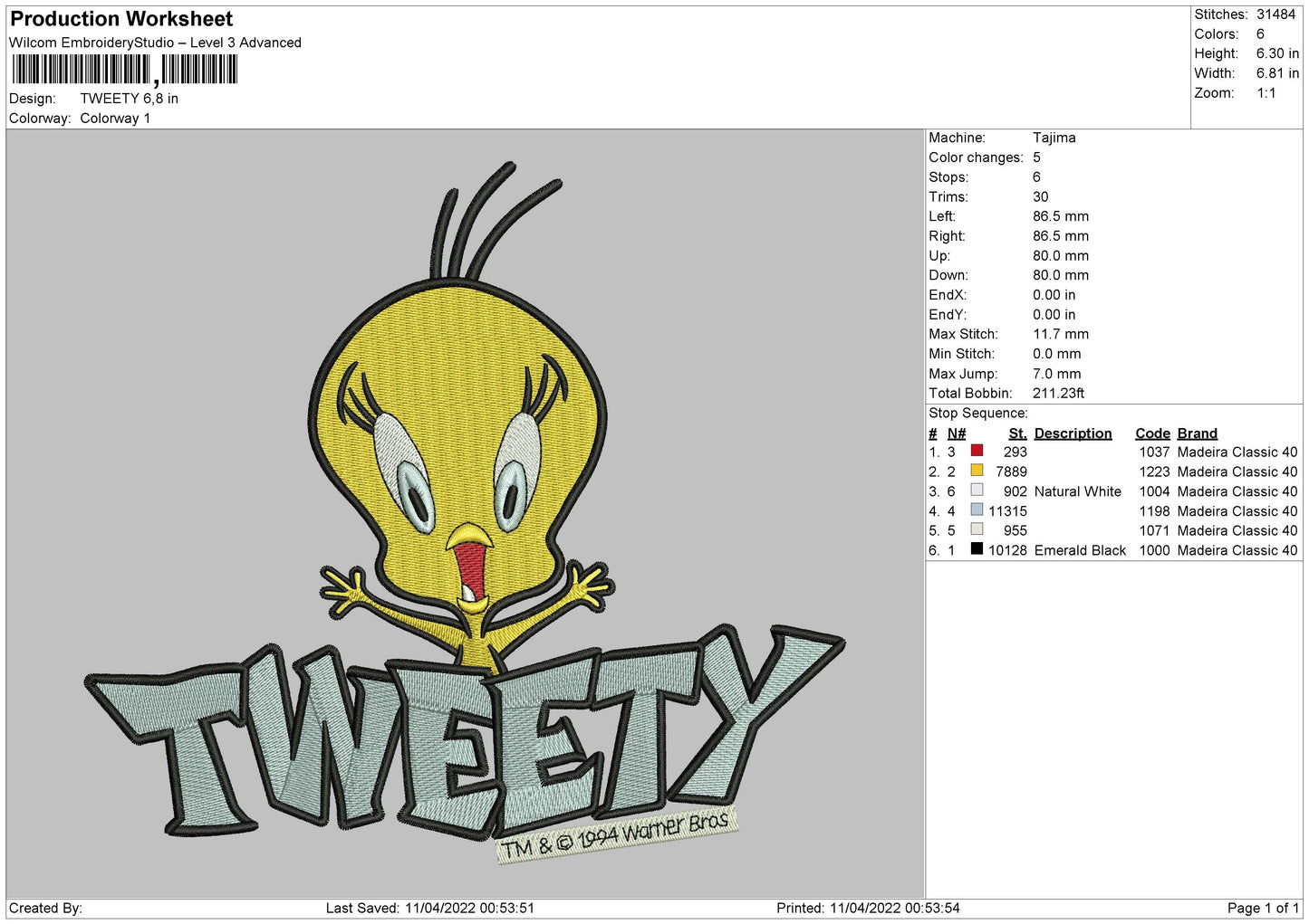 Tweety Embroidery File 4 size
