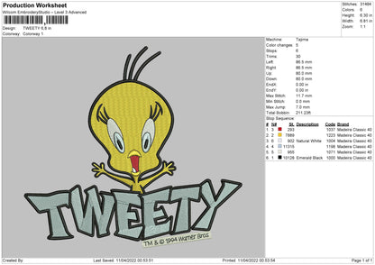 Tweety Embroidery File 4 size
