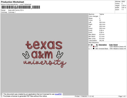 Texas A&M Bunny Embroidery File 4 size