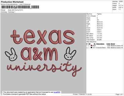 Texas A&M Bunny Embroidery File 4 size