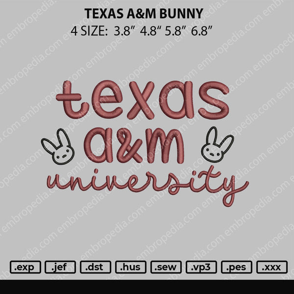 Texas A&M Bunny Embroidery File 4 size
