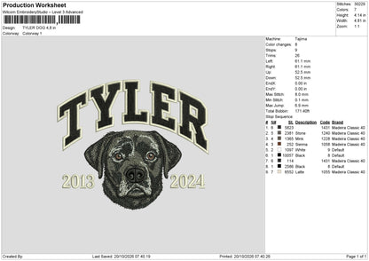 Tyler Dog Embroidery Machine Design File 6 sizes