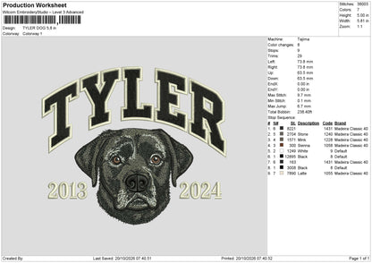 Tyler Dog Embroidery Machine Design File 6 sizes