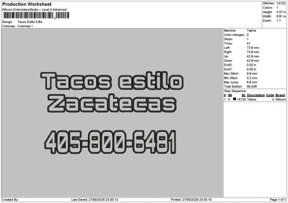 Tacostext 2705 Embroidery Machine Design File 6 sizes