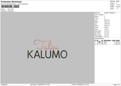Talia Text Embroidery File 6 sizes