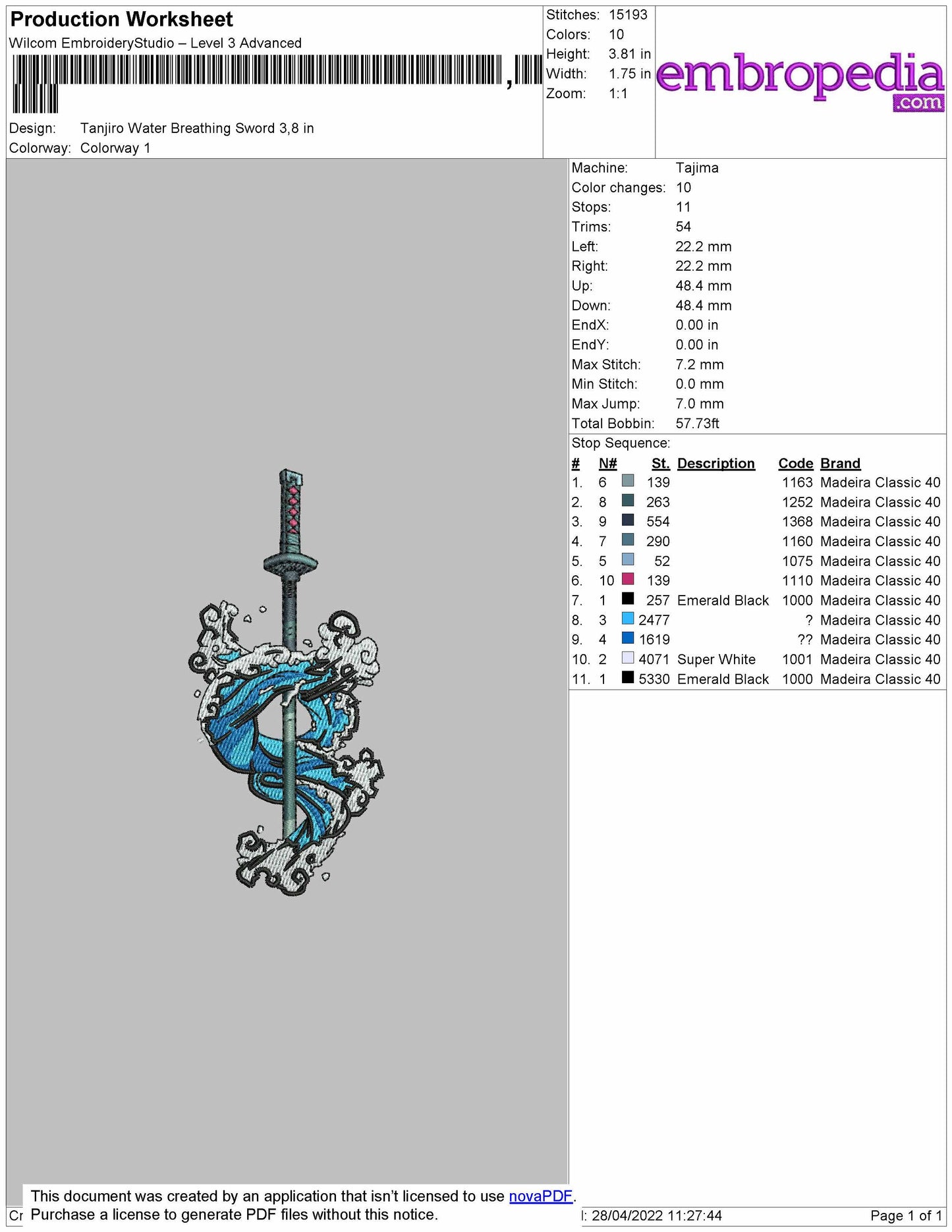 Tanjiro Water Breathing Sword Embroidery File 4 size