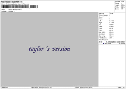 Taylor Version Embroidery File 5 sizes
