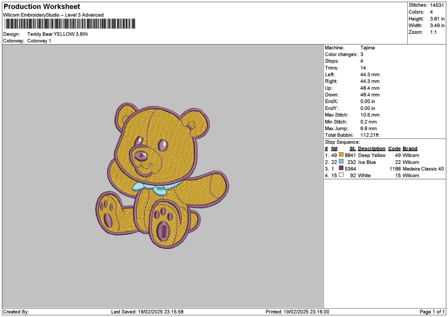 Yellow Bear Embroidery File 6 sizes