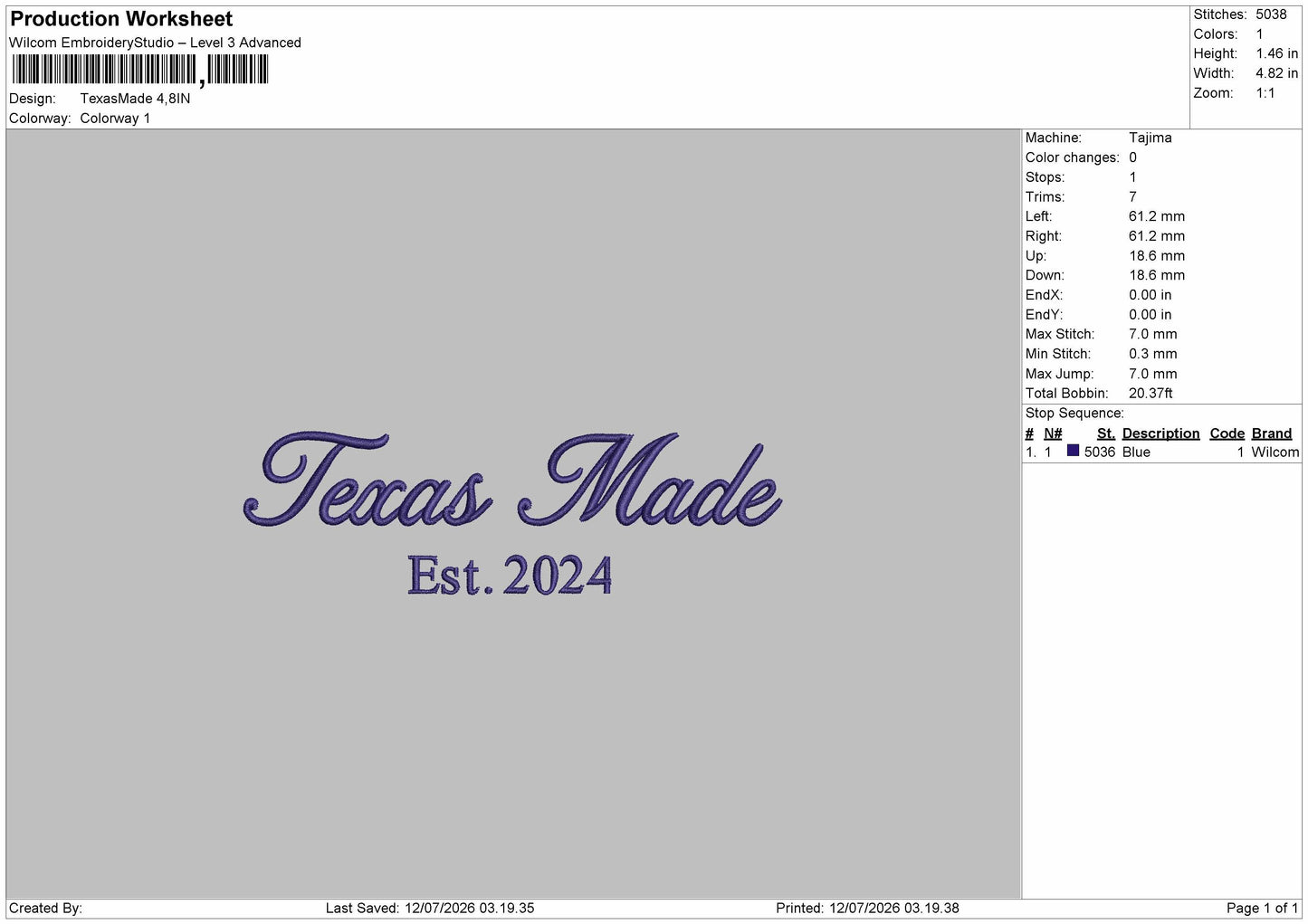 Texastext 1207 Embroidery Machine Design File 6 sizes