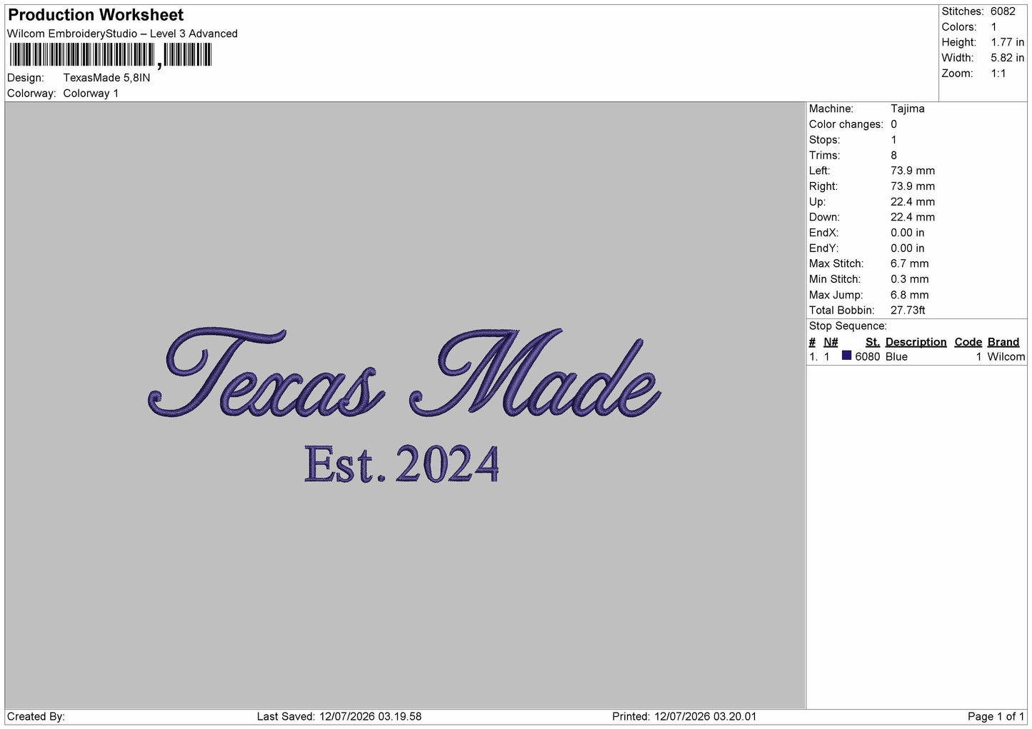 Texastext 1207 Embroidery Machine Design File 6 sizes