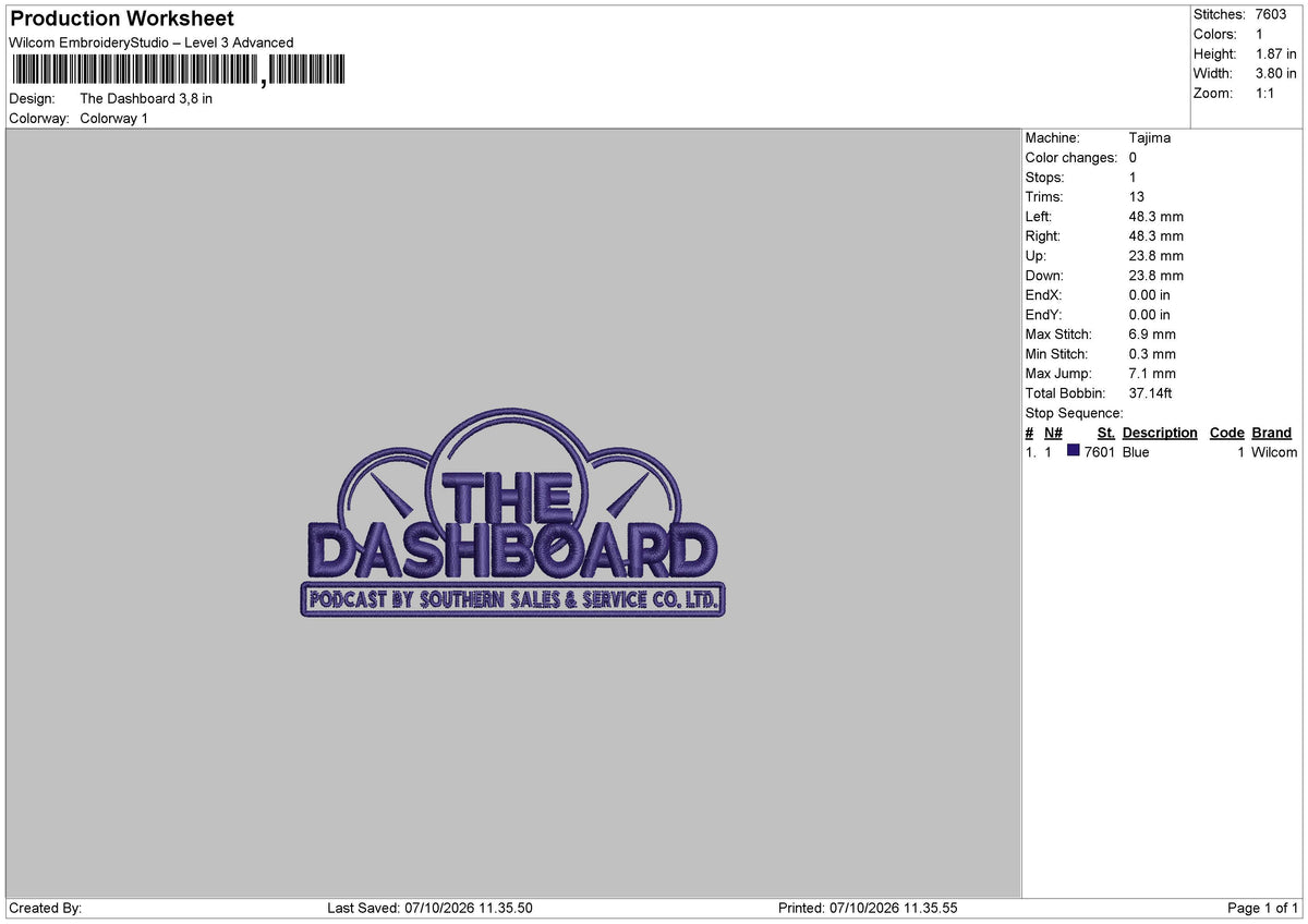 the Dashboard Embroidery Machine Design File 6 sizes