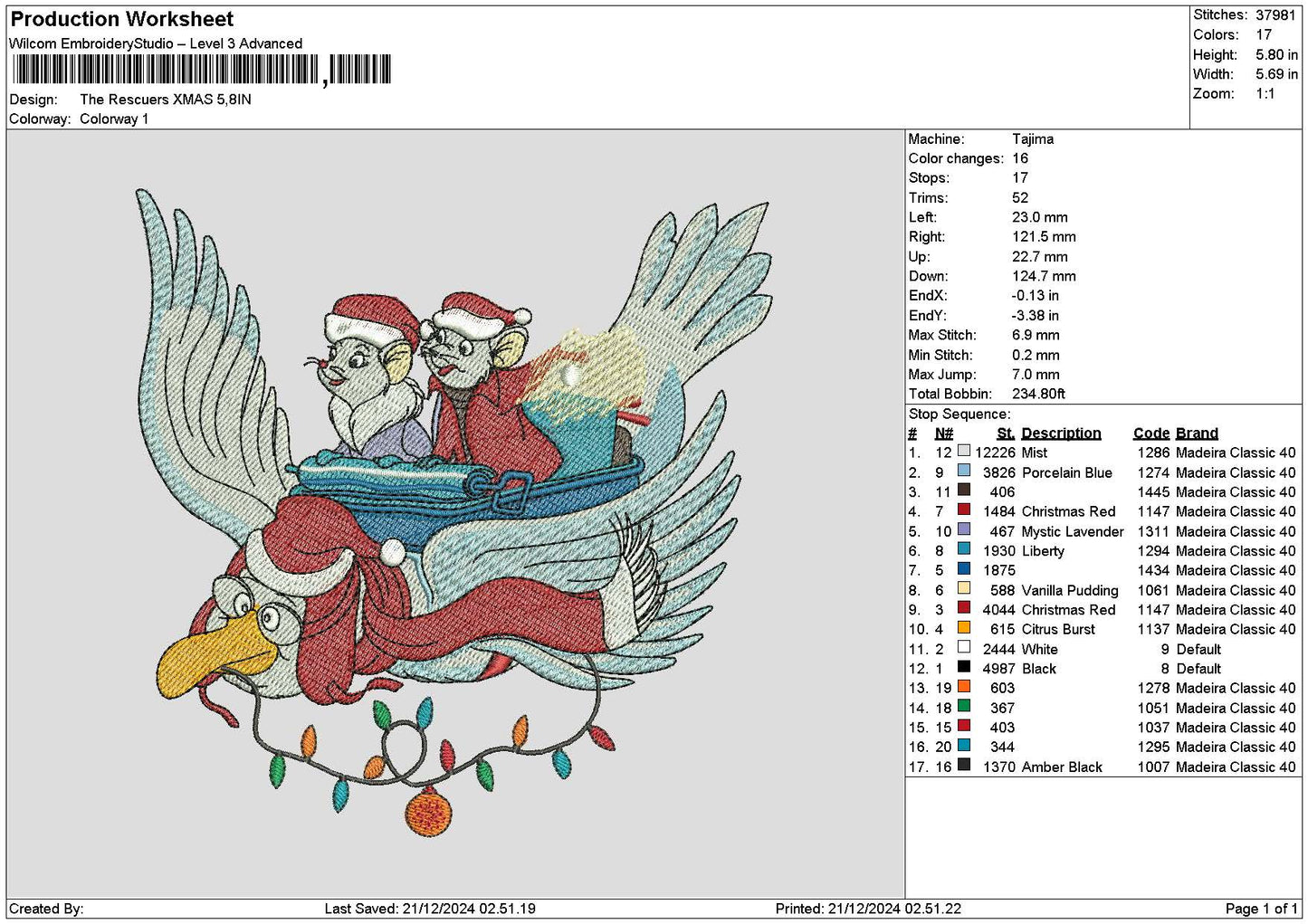 Bird Xmas 24 Embroidery File 6 sizes