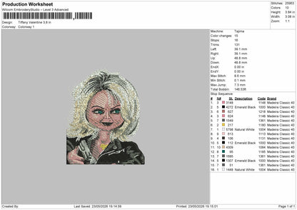 Tiffany Valentine (Chucky) Embroidery Machine Design File