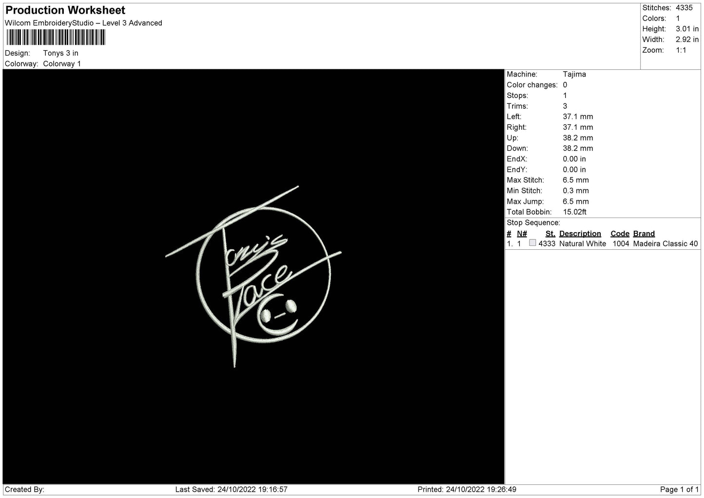 Tonys Embroidery File 6 sizes