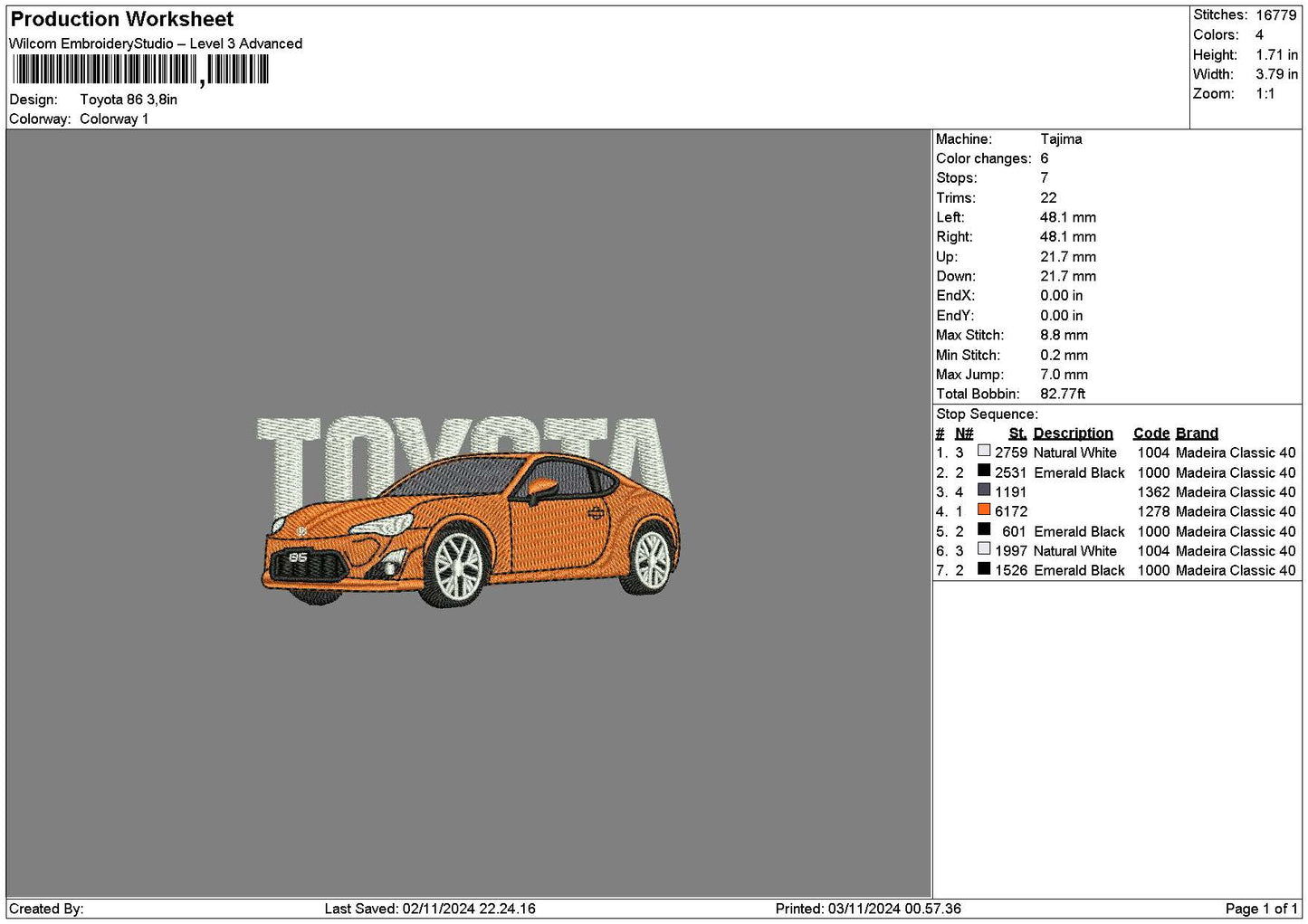 Orange Car 1311b Embroidery File 6 sizes