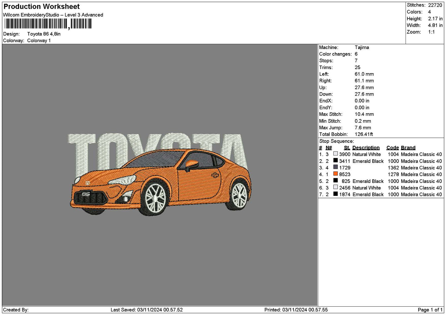 Orange Car 1311b Embroidery File 6 sizes