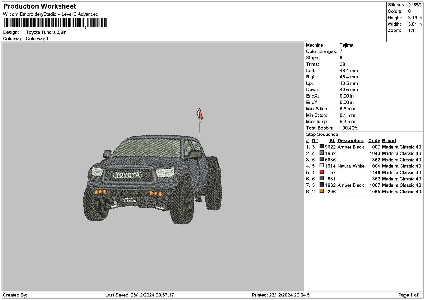 Truck Car 2312 Embroidery File 6 sizes