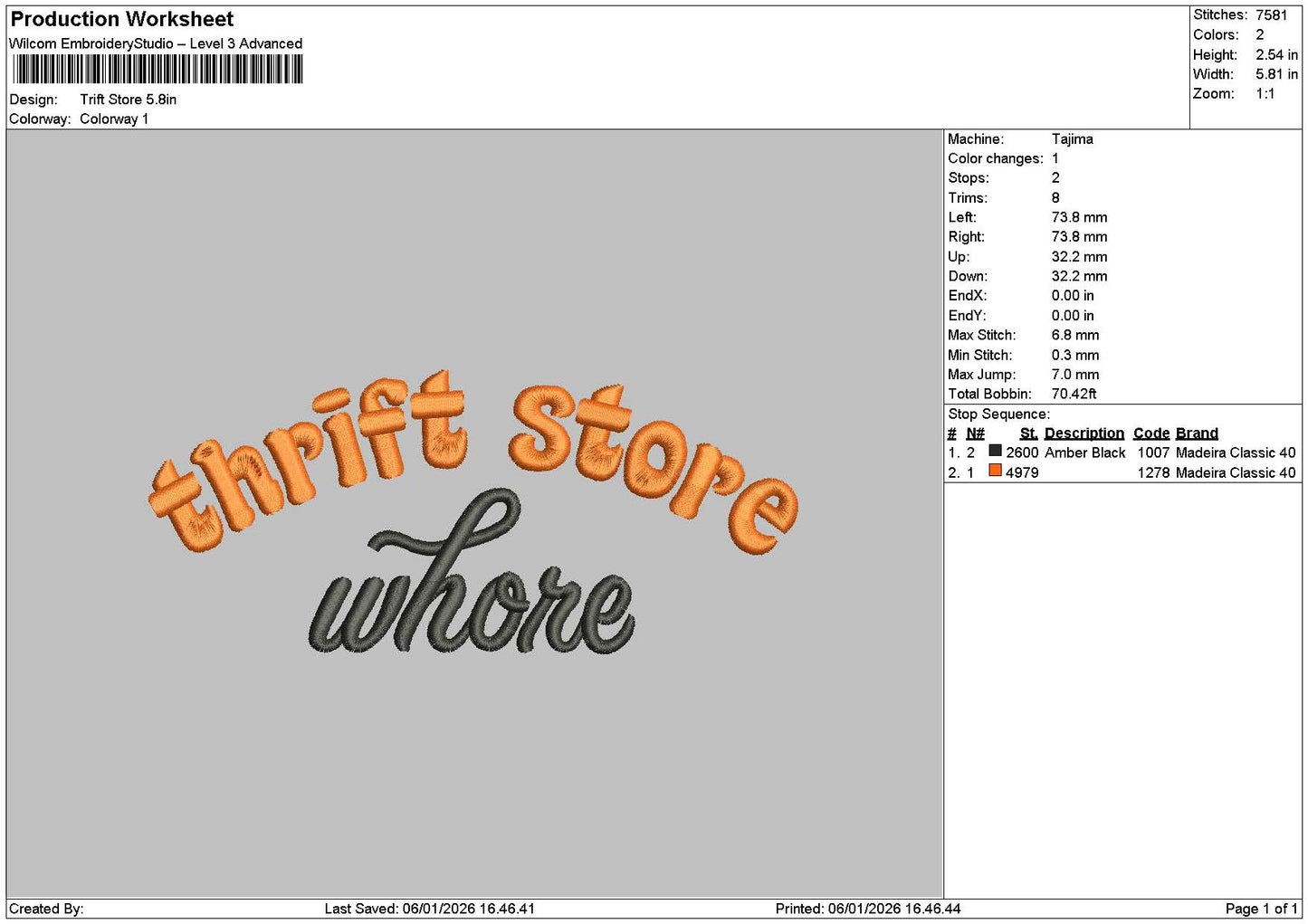 Thrift Text Embroidery File 6 sizes