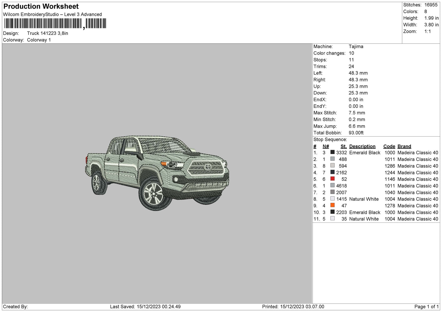 Truck 1412 Embroidery File 6 sizes