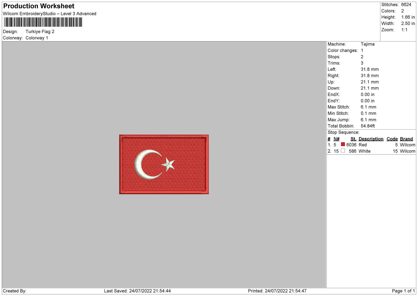 Turkiye Flag Embroidery File 4 sizes