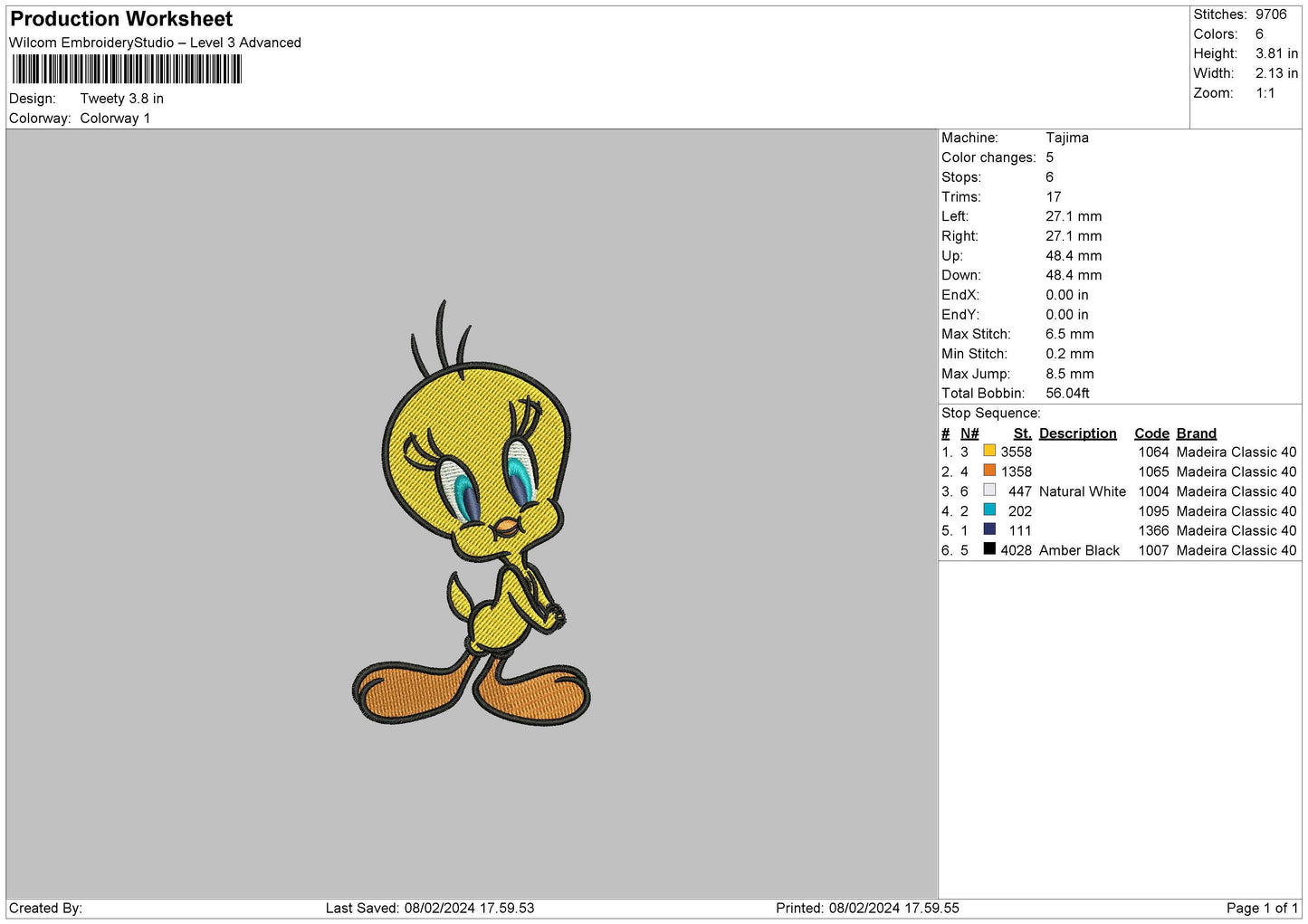 Tweety0802 Embroidery FIle 6 sizes