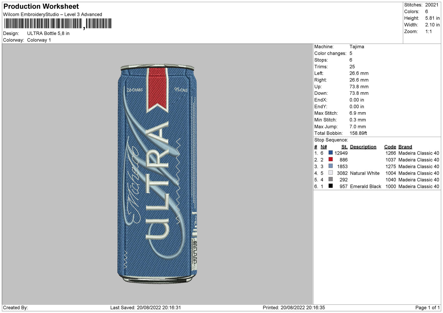 Ultra Bottle Embroidery File 5 sizes