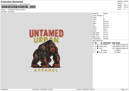 UNTAMED GORILLA Embroidery File 6 sizes