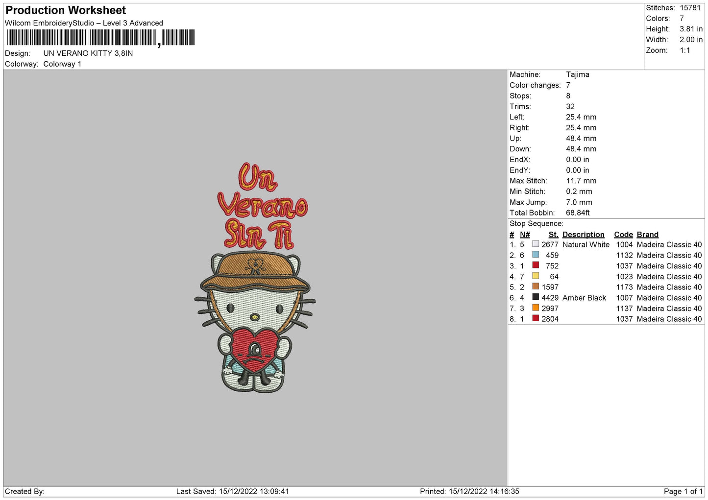 Un Verano Kitty Embroidery File 6 sizes