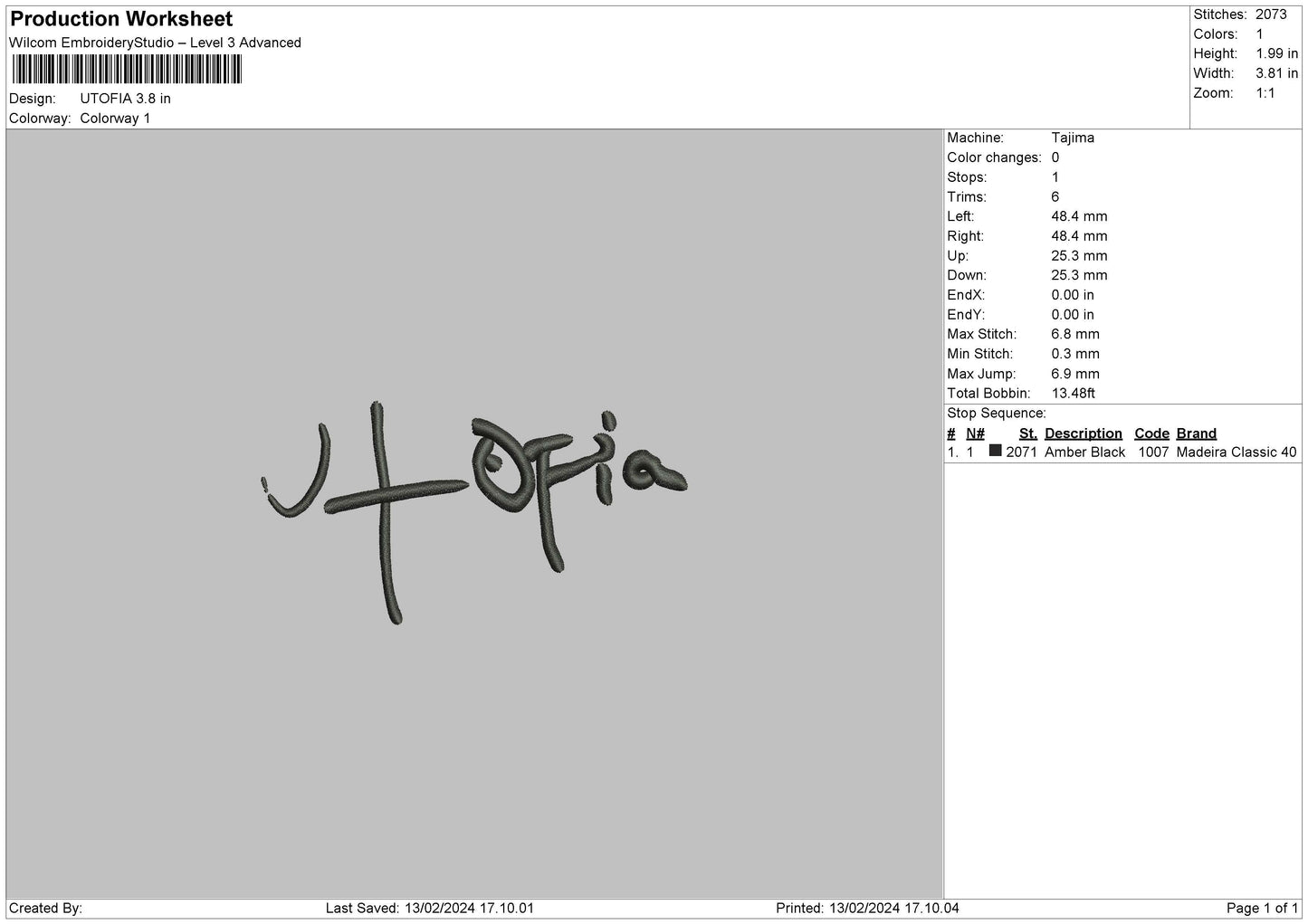 Utofia Text Embroidery File 6 sizes