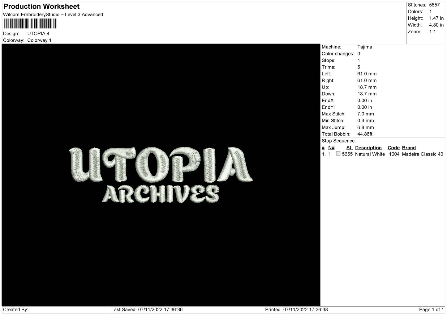 Utopia Embroidery File 6 sizes